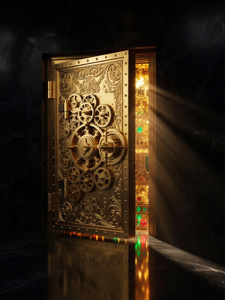 An ornate golden vault door ajar, treasure glowing within