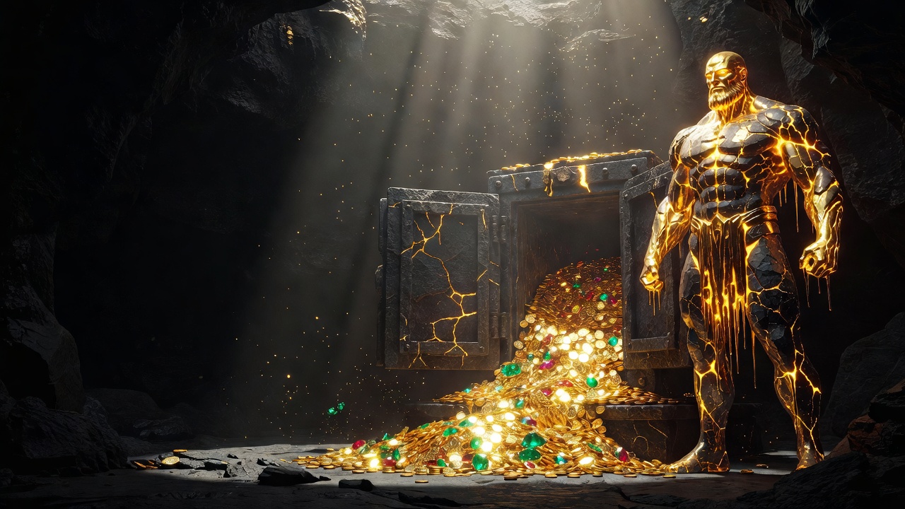 A golden Titan guarding a vault overflowing with treasure